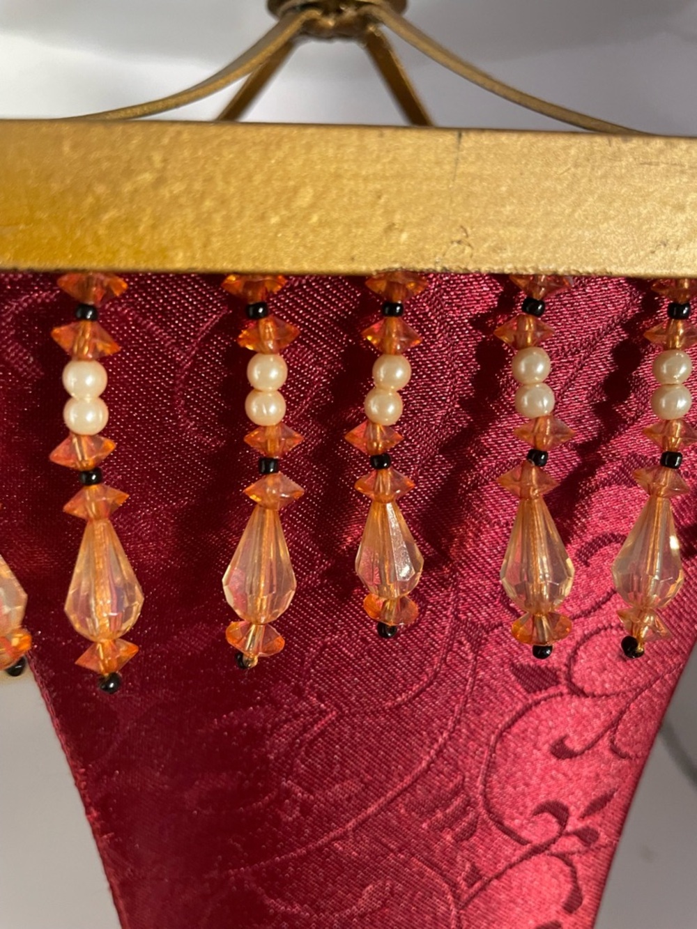 Vintage Lamp Beaded Red Fabric Shade Tassel Fringe Gold - Picture 7 of 13